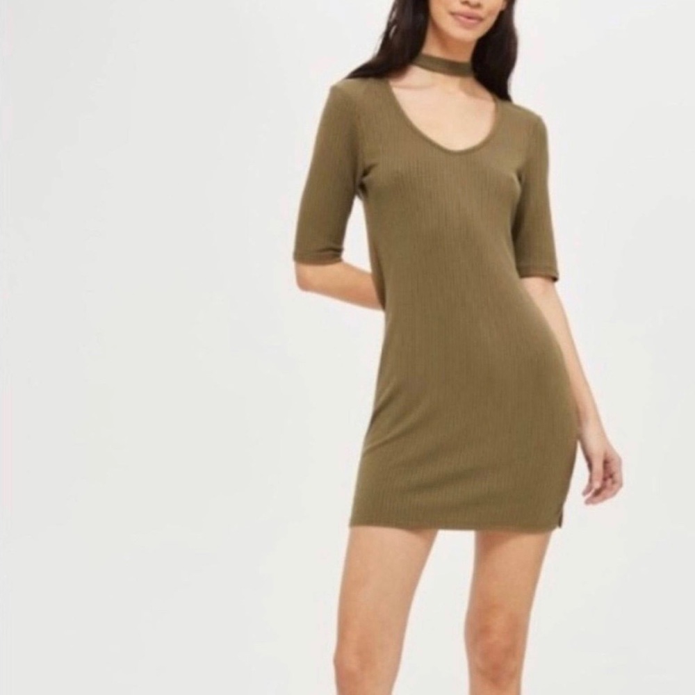 TOPSHOP Olive Green Ribbed Choker Mini Dress